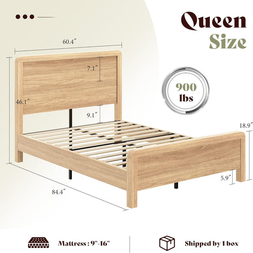 AMERLIFE Wood Queen Size Bed Frame with Headboard & Footboard, Modern Fluted Wooden Platform Bedframe with Rounded Safety Edges, Wood Slat Support, No Box Spring Needed, Easy Assembly, Natural Oak