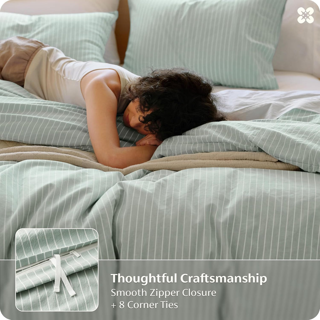 Bedsure Striped Duvet Cover Queen, 100% Washed Cotton Duvet Cover Linen‑Like, PureWoven with Reversible Yarn‑Dyed Design & Double‑Stitch Craft, 3-Piece with Zipper, Stripes Sage Green, 90"x90"