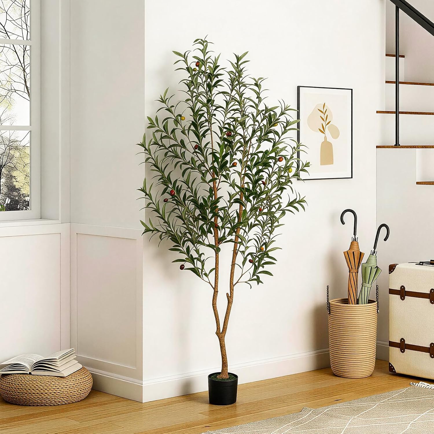 VIVATREES Artificial Olive Tree, 6FT Tall Faux Olive Tree with Pot, Artificial Plants with Natural Wood Trunk and Lifelike Fruits for Home Office Decor