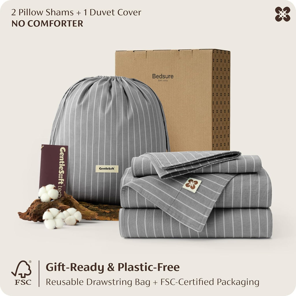 Bedsure Striped Duvet Cover Queen, 100% Washed Cotton Duvet Cover Linen‑Like, PureWoven with Reversible Yarn‑Dyed Design & Double‑Stitch Craft, 3-Piece with Zipper, Stripes Dark Grey, 90"x90"