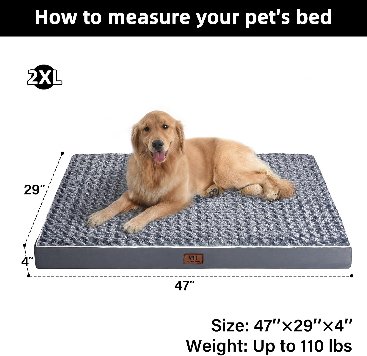 WESTERN HOME WH Orthopedic XXL Dog Bed, Waterproof Extra Large Dog Bed with Removable Washable Cover and Nonskid Bottom, Thick Egg Crate Foam XXL Pet Beds, Grey 47"