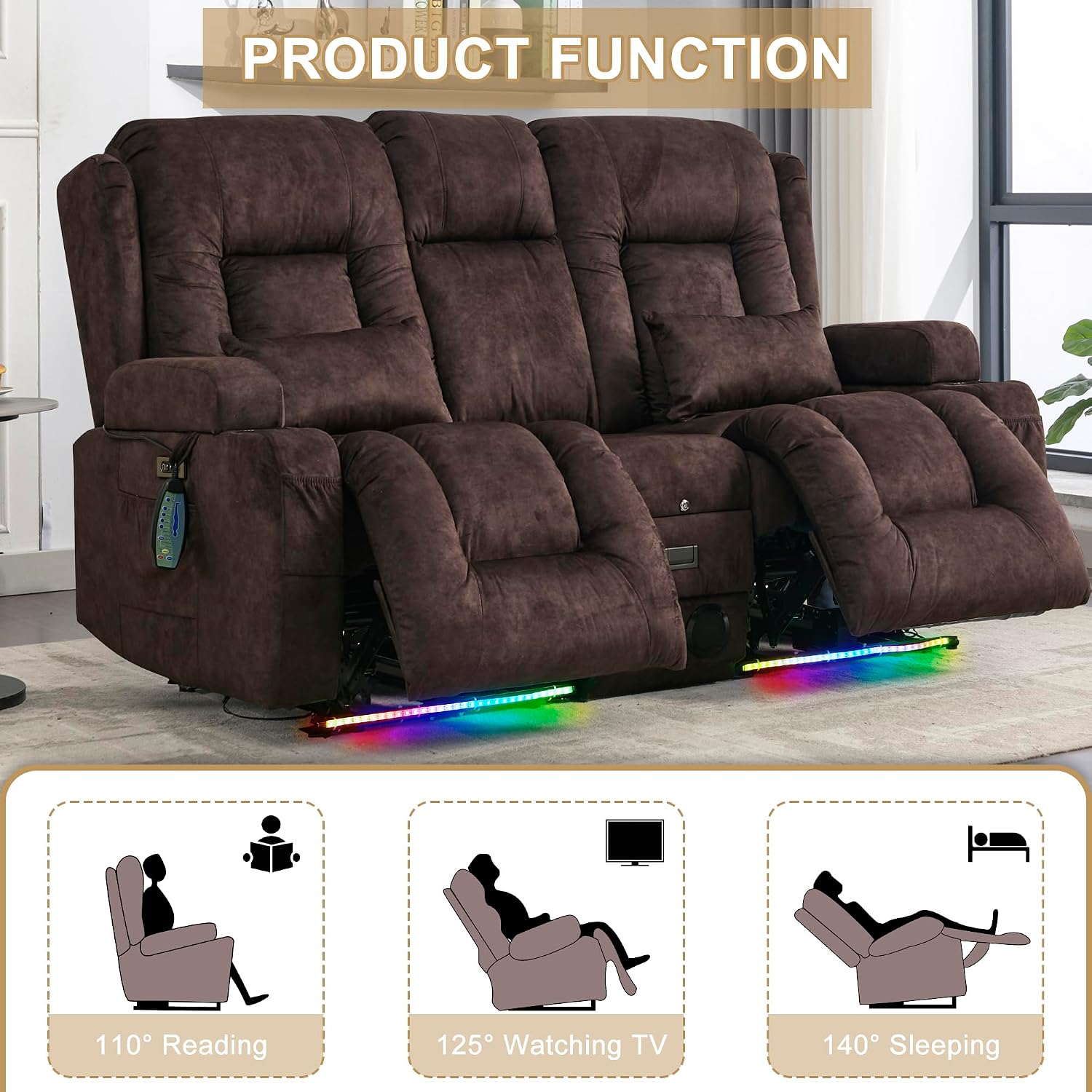 URRED Power Loveseat Recliner Sofa with Massage and Heat, Wall Hugger Reclining Loveseat with Console, RV Couch Home Theater Seating with LED Lights for Living Room (Brown, 67" - 2 Seats)