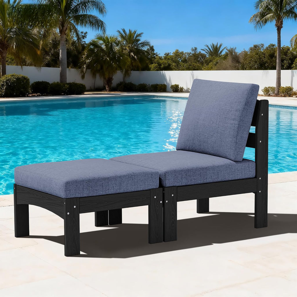 SERWALL 2 Pieces Patio Sofa, All-Weather HDPE Outdoor Conversation Set with Removable Cushions and Ottoman, Modular Design Converts to Chaise Lounge for Porch, Poolside, Black Frame with Grey Cushion