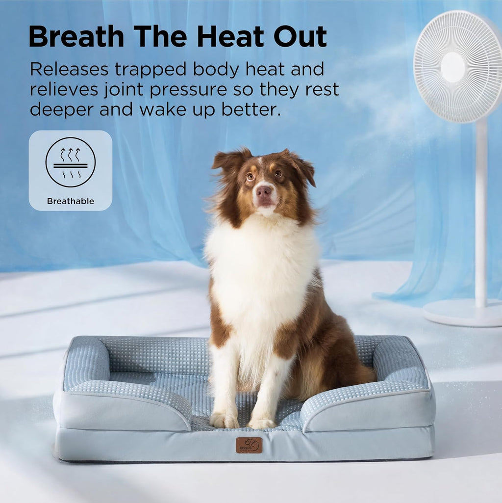 Bedsure L Plus Cooling Dog Bed for Large Dogs - Orthopedic Dog Cat Cooling Bed Washable, Big Comfort Dogs Couch Sofa with Waterproof Removable Cover, Pet Bed with Nonskid Bottom, Cooling Blue, 38"