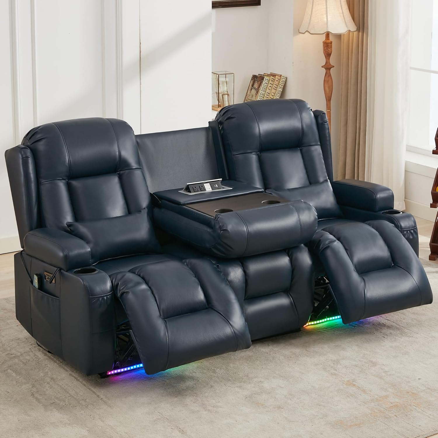 URRED Power Loveseat Recliner Sofa with Massage and Heat, Wall Hugger Reclining Loveseat with Console, RV Couch Home Theater Seating with LED Lights for Living Room (Dark Blue, 76.8" - 3 Seats)