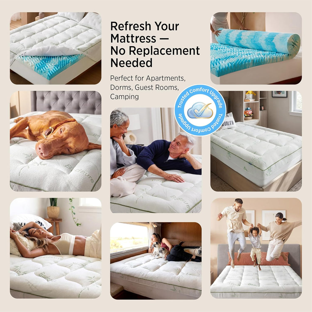 Bedsure 2-in-1 Mattress Topper, 5 Inch Memory Foam Mattress Topper Queen, 3 Inch Memory Foam + 2 Inch Viscose Made from Bamboo Mattress Topper Pad Cover, Flippable Memory Foam with Dual Comfort, White