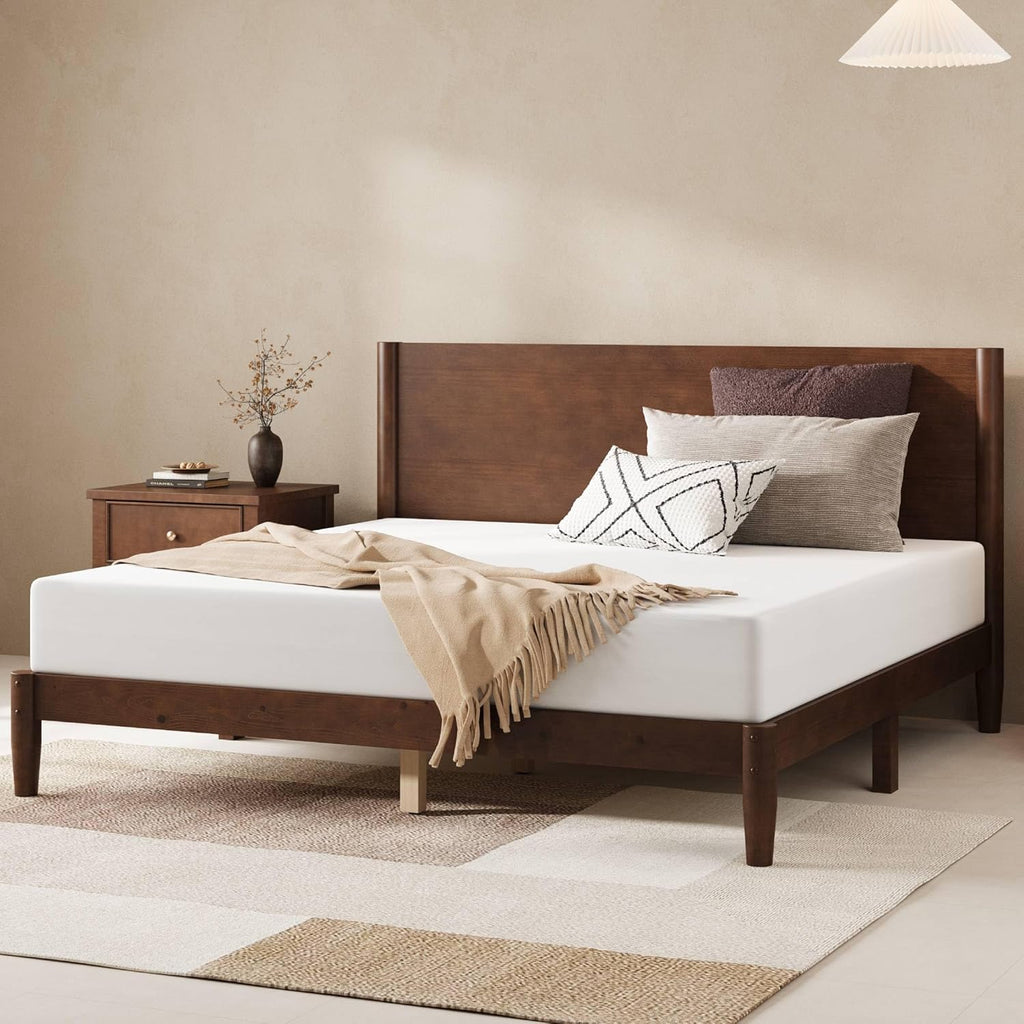 AMERLIFE Solid Wood Queen Bed Frame, Mid Century Modern Platform Bed with Full Panel Headboard, Wooden Bed with Cylindrical Legs, No Box Spring Needed & Noise-Free, Under-Bed Storage, Dark Walnut