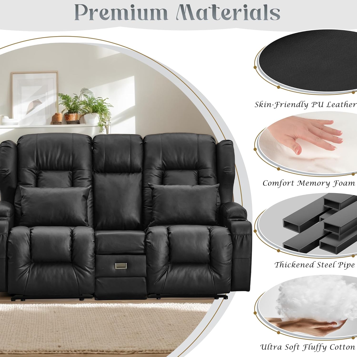 URRED Loveseat Recliner Sofa, Manual Reclining Loveseat Sofa with Flip-Down Console, Home Theater RV Recliner Couch with Cup Holders and Storage for Living Room (Black)