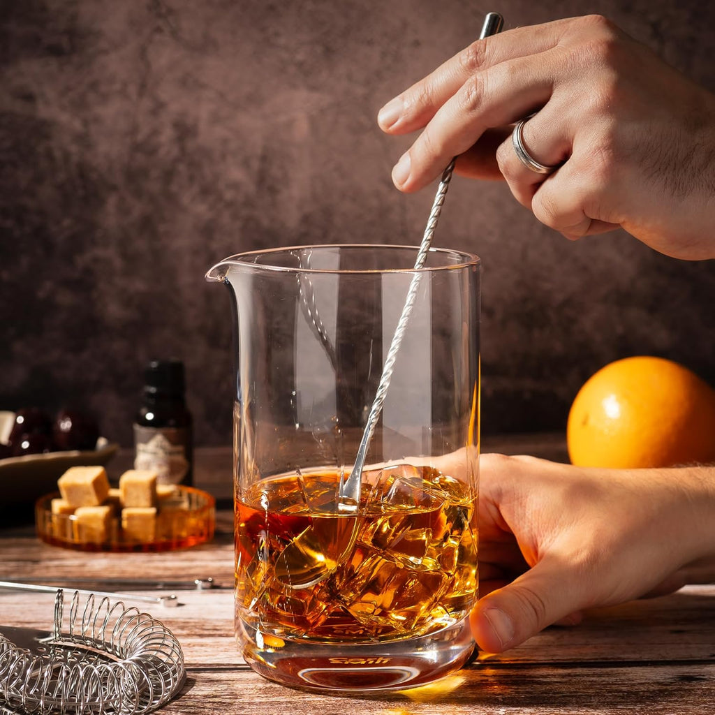 Cork & Mill Cocktail Mixing Glass, Old Fashioned Kit, Large 24 oz Crystal Cocktail Mixer for Bartenders, 9-Piece Home Bar Accessories Set for Manhattans and Other Whiskey Drinks