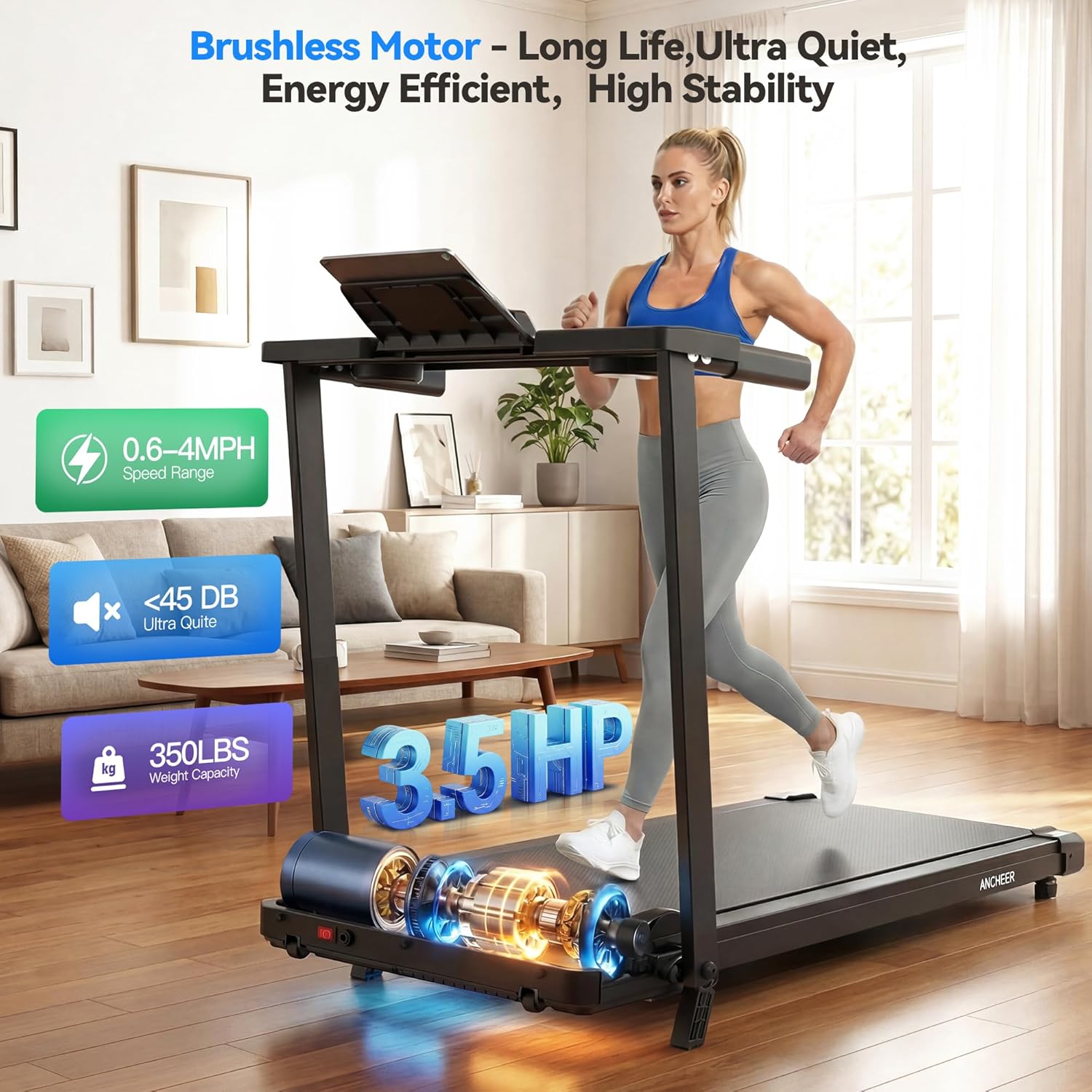 FUNMILY 3.5HP Walking Pad Incline Treadmill with Desk & Handle Bar, Heavy Duty 350 lbs Weight Capacity Portable Treadmill for Home and Office, Remote Control & LED Display