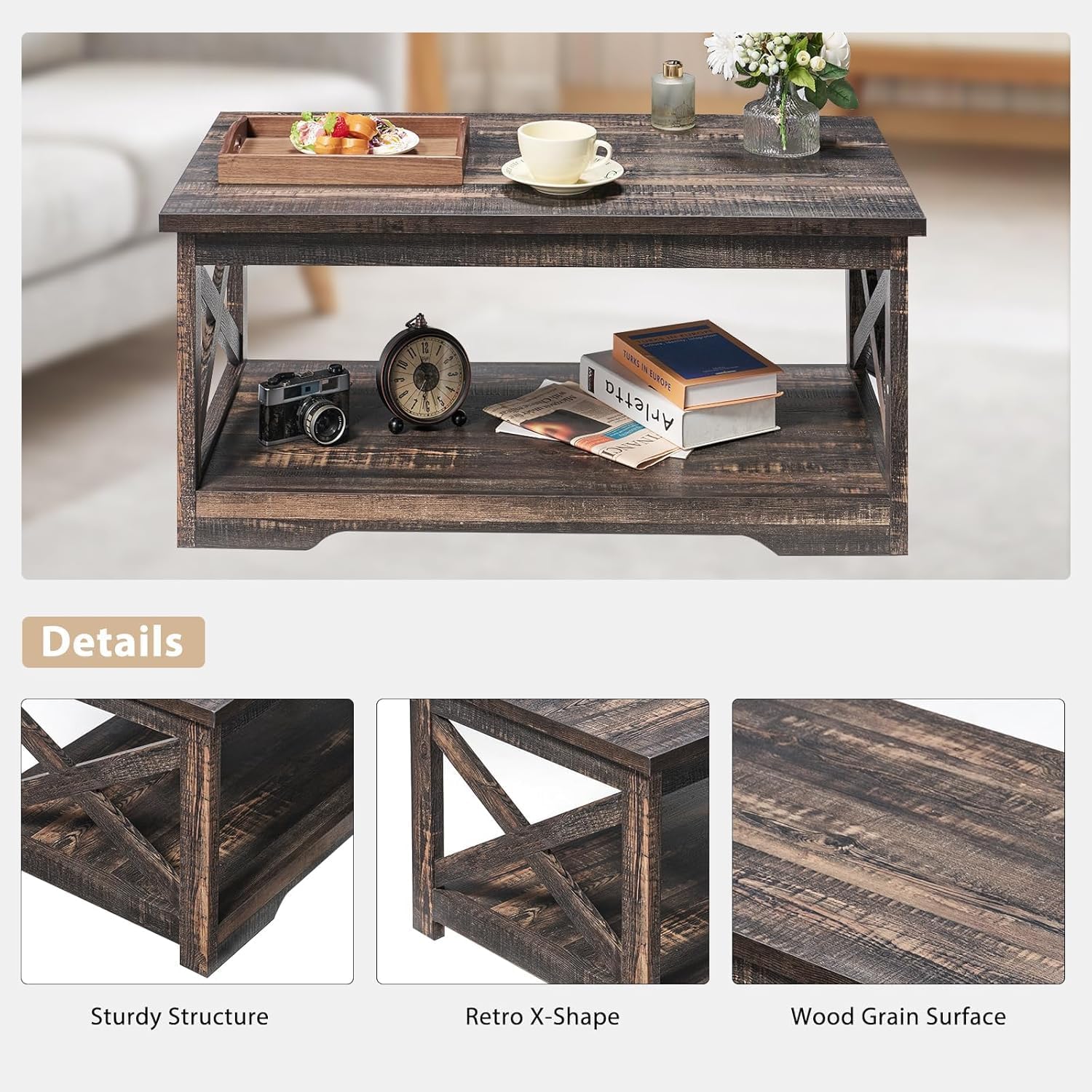 AMERLIFE 4 Pieces Living Room Table Sets, 70" Farmhouse TV Stand with 33" Electric Fireplace, Coffee Table & 2 End Tables with Charging Station and USB Ports, Living Room, Dark Oak
