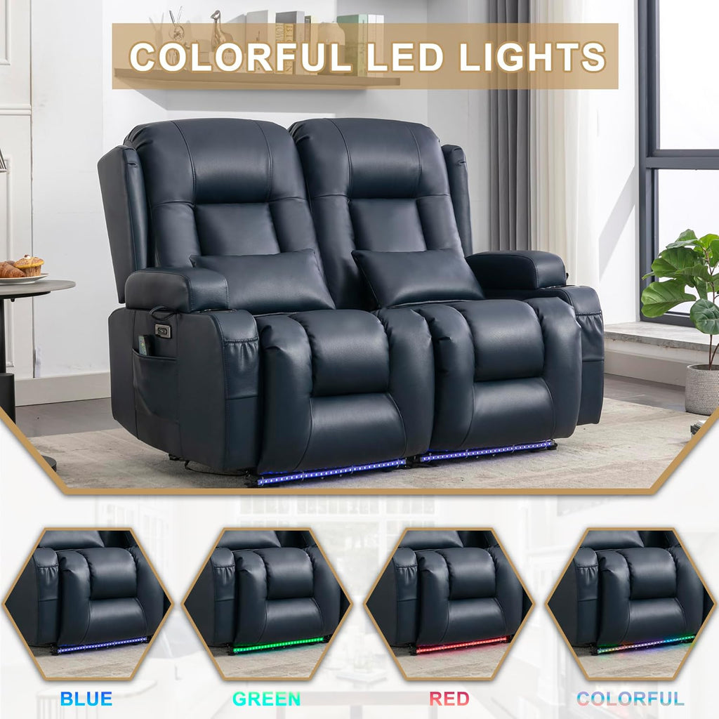 URRED Power Loveseat Recliner Sofa with Massage and Heat, Wall Hugger Reclining Loveseat, RV Couch Home Theater Seating with LED Lights for Living Room (Dark Blue, 54" - 2 Seats)