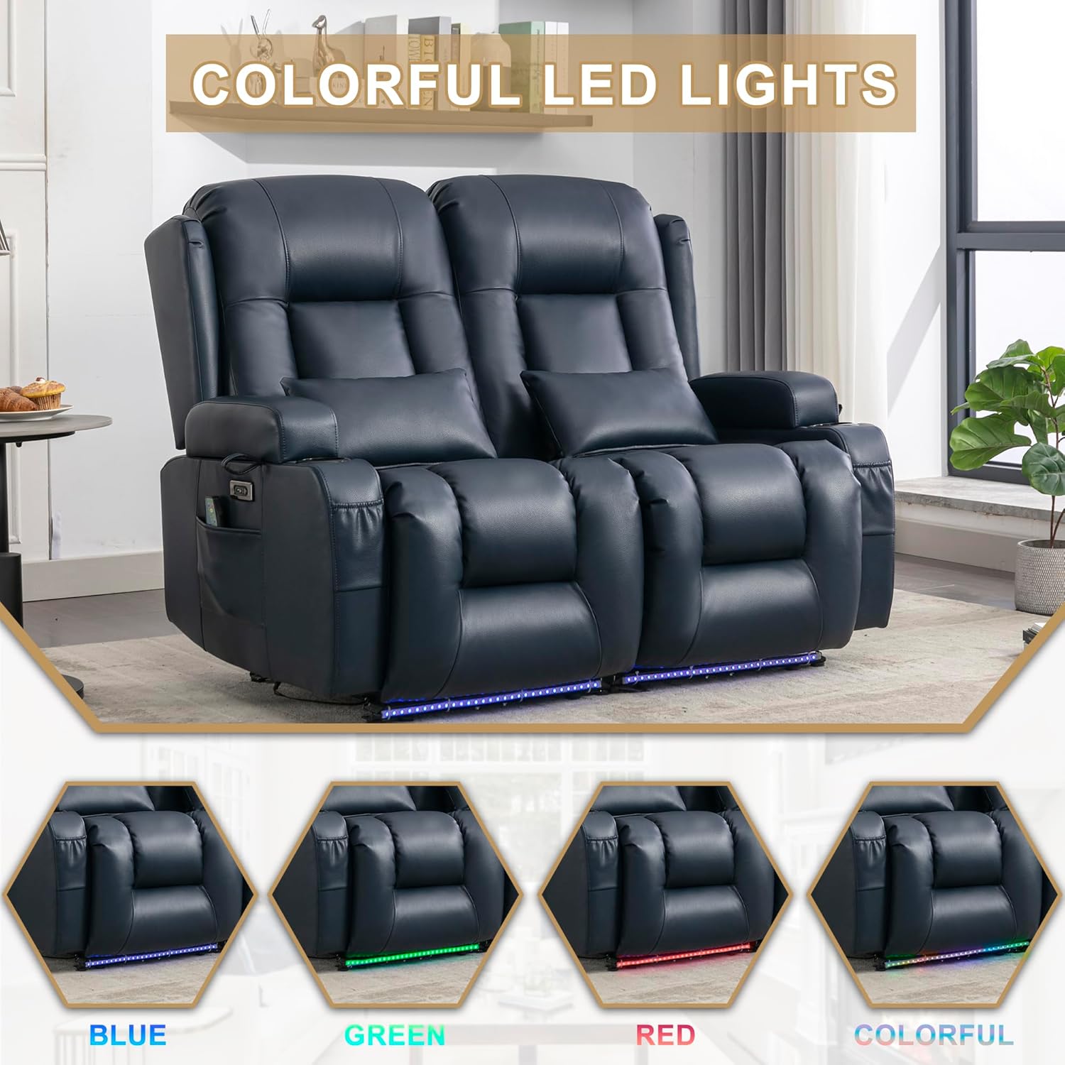 URRED Power Loveseat Recliner Sofa with Massage and Heat, Wall Hugger Reclining Loveseat, RV Couch Home Theater Seating with LED Lights for Living Room (Dark Blue, 54" - 2 Seats)