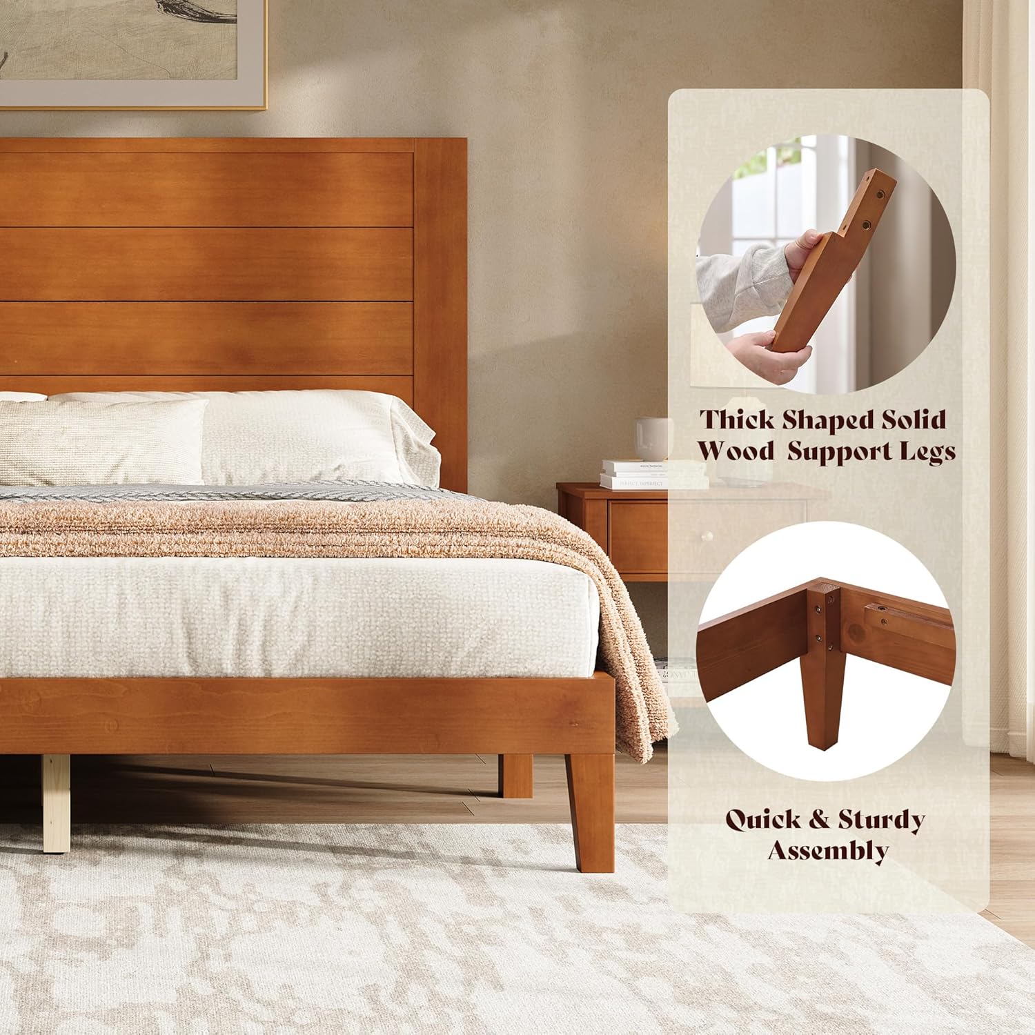 AMERLIFE Queen Size Bed Frame with 48" Tall Headboard, Mid Century Modern Solid Wood Platform Bed with Silent Wood Slat System, No Box Spring Needed, Under-Bed Storage, Brown