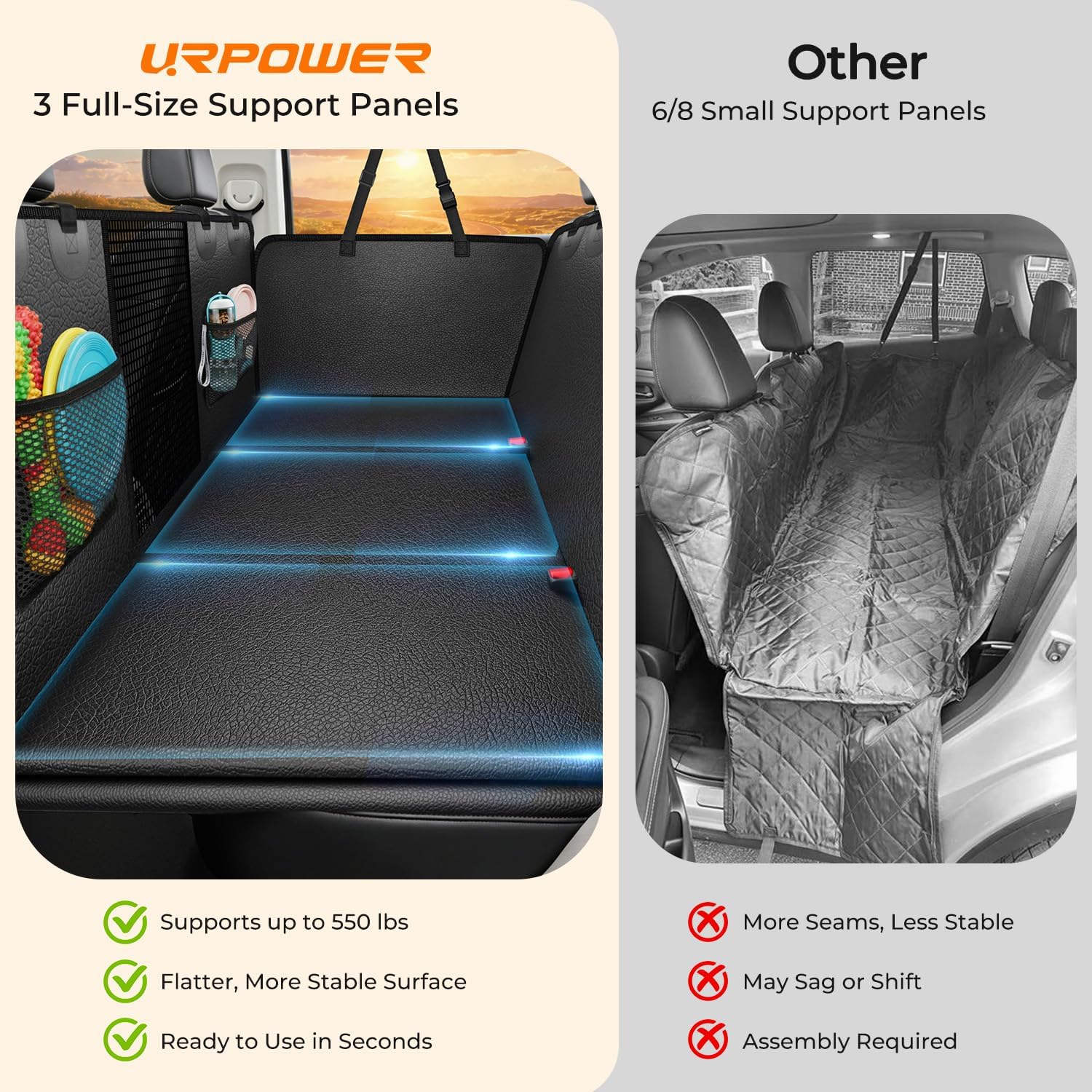 URPOWER Upgraded PU Leather Back Seat Extender for Dogs - Large Hard Bottom Dog Car Seat Cover Holds 550lbs, Waterproof Dog Hammock Pet Bed with High-Density Foam Non-Slip Backseat Protector