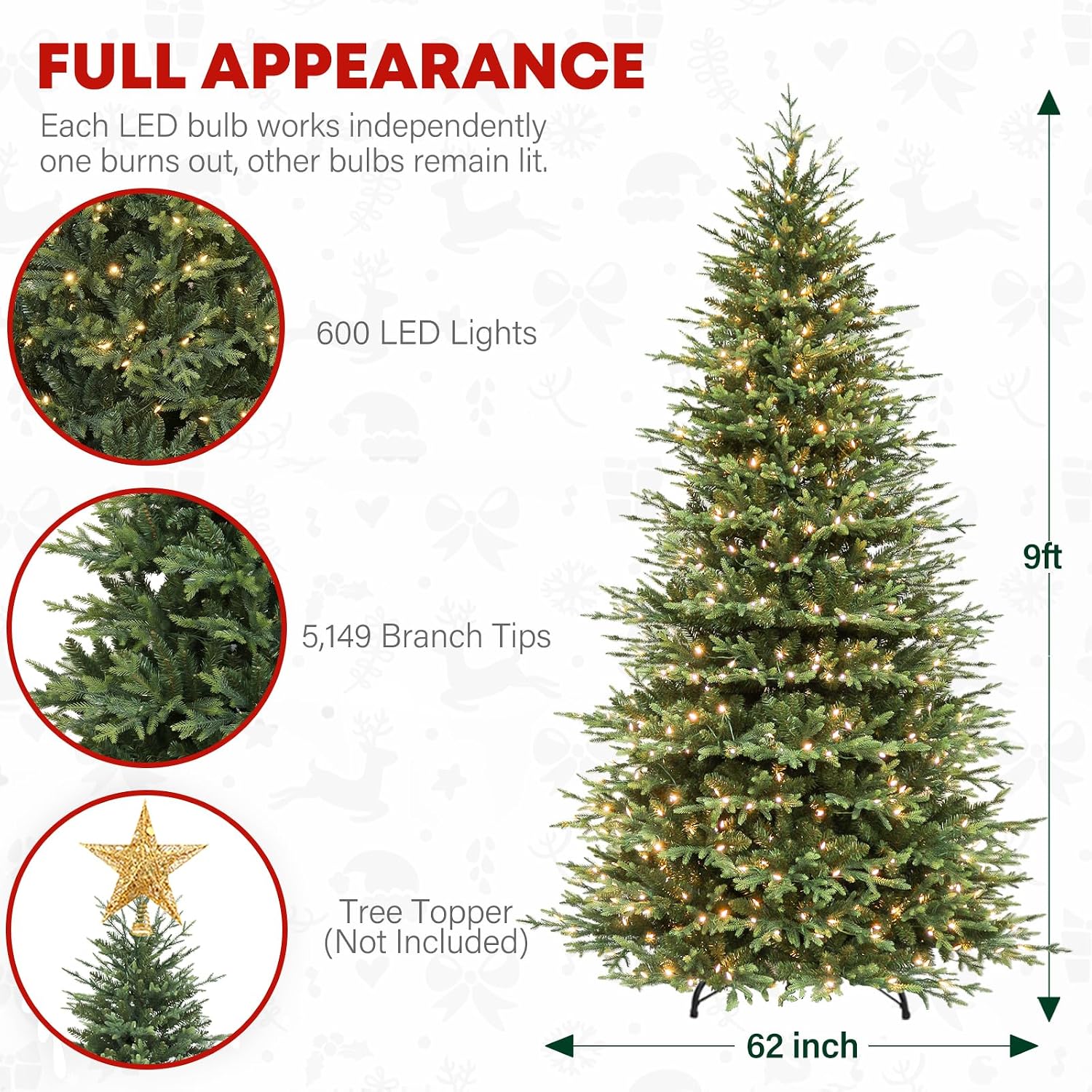 9 ft Lighted Artificial Christmas Tree, 600 Warm White LED Lights, 5149 PE&PVC Mixed Realistic Branch Tips, Metal Base and Hinged Branches Included