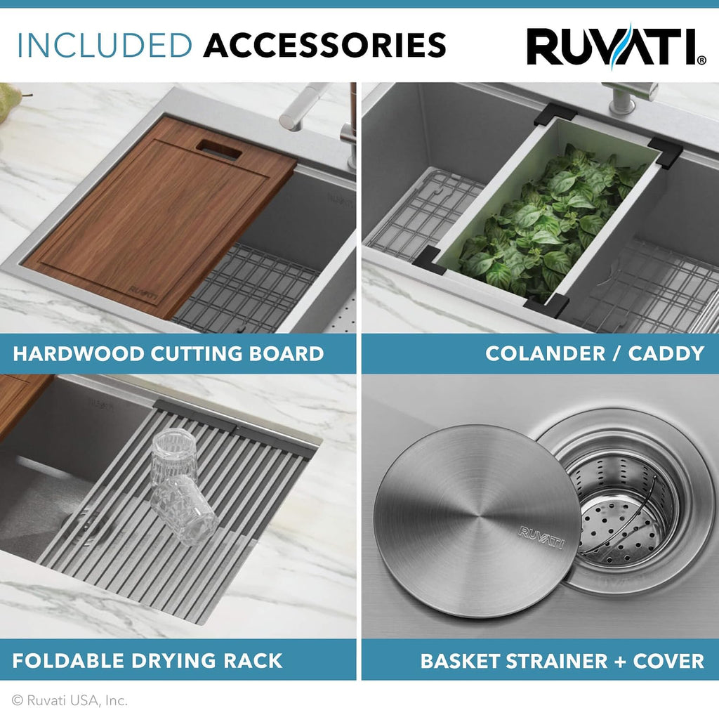 Ruvati 33-inch Apron-front Workstation Low-Divide Double Bowl 60/40 Farmhouse Kitchen Sink 16 Gauge Stainless Steel - RVH9201