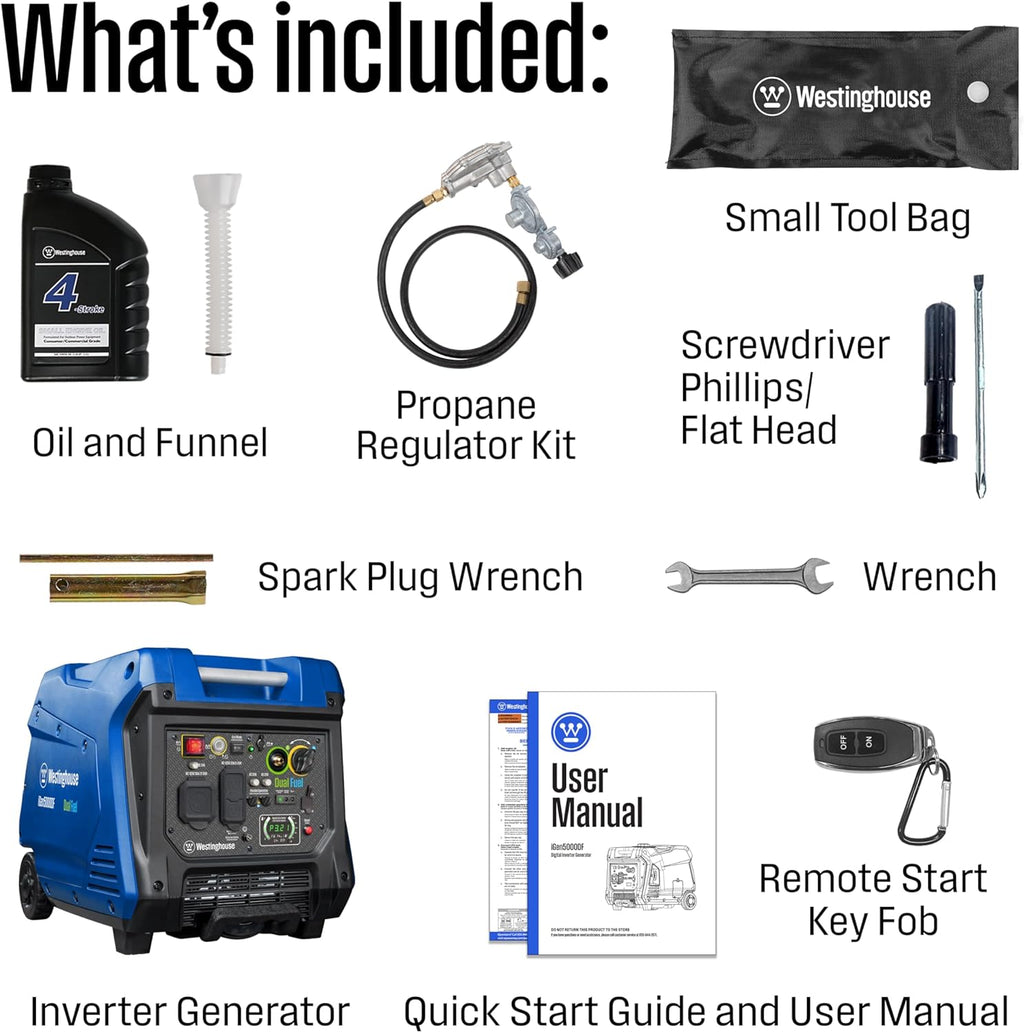 Westinghouse 5000 Peak Watt Super Quiet Dual Fuel Portable Inverter Generator, Remote Electric Start, Gas & Propane Powered, RV Ready 30A Outlet, Parallel Capable, Blue/Black