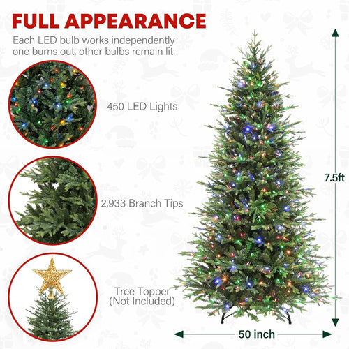 7.5 ft Lighted Artificial Christmas Tree, 450 Color Changing LED Lights, 2933 PE&PVC Mixed Branch Tips, Metal Base and Hinged Branches for Home, Decoration, 10 Modes