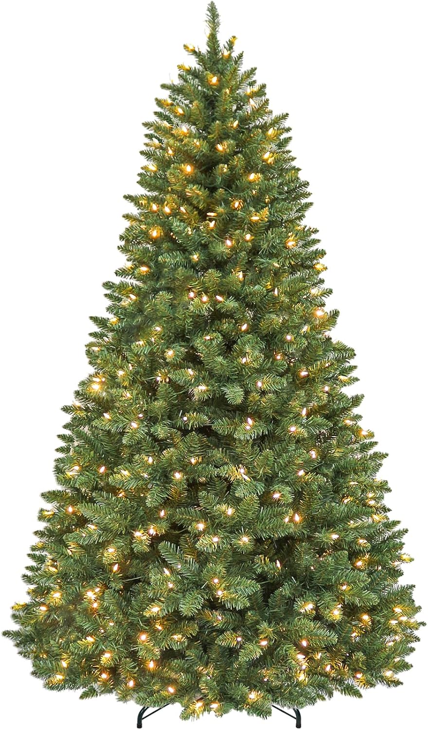 7.5 ft Lighted Artificial Christmas Tree, 450 Warm White LED Lights, 1450 PVC Branch Tips, Metal Stand and Hinged Branches for Home, Decorating