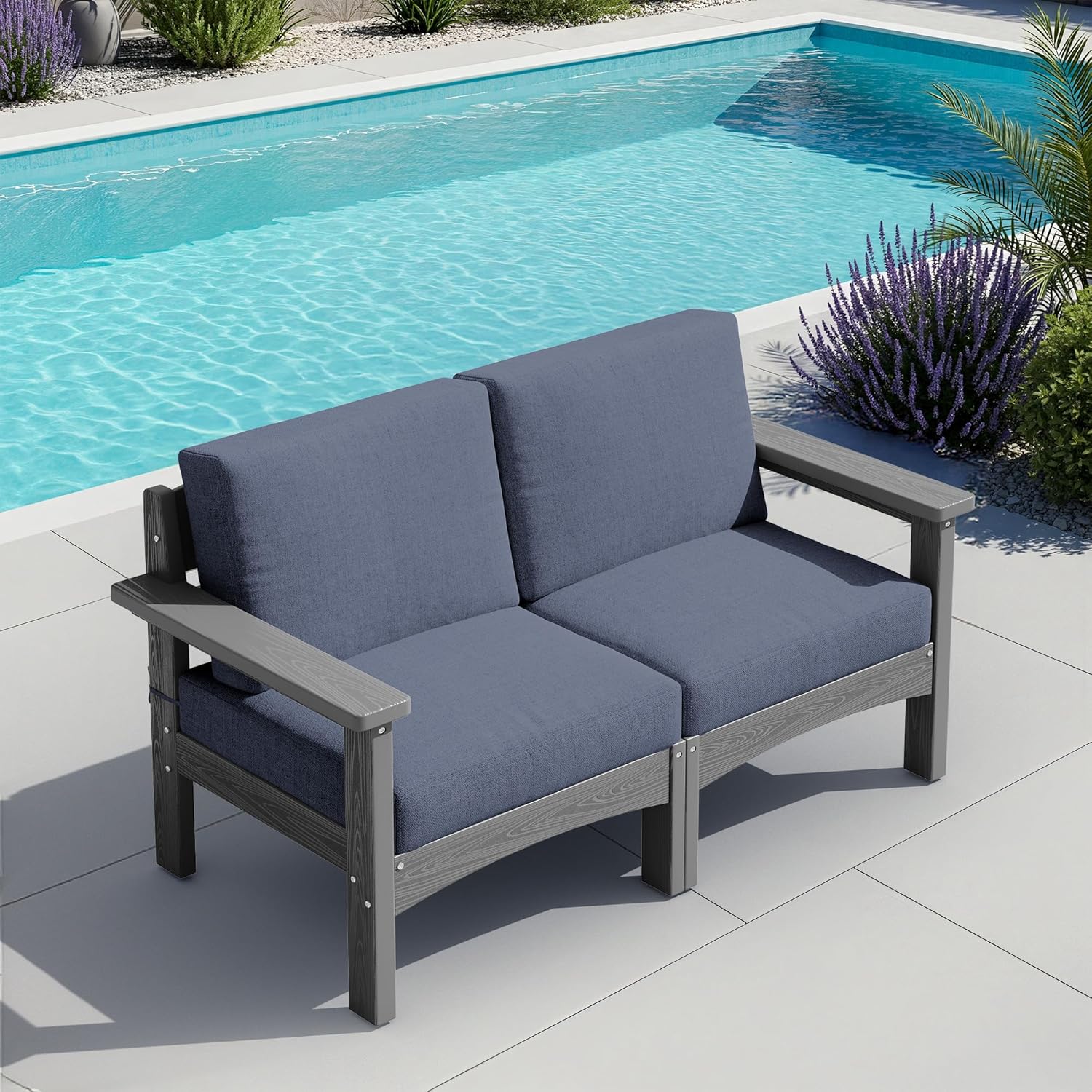 SERWALL HDPE Patio Loveseat Sofa, 2 Pieces Single Sofa, Weather-Resistant Outdoor Furniture Chair with Thick Removable Cushion, Balcony, Garden, Backyard, Poolside, Grey Frame with Grey Cushion