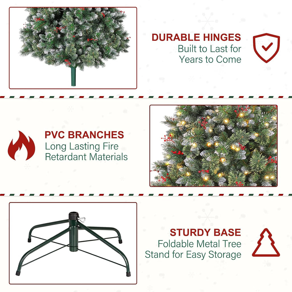 7.5ft Lighted Frosted Christmas Tree, Artificial Christmas Pine Tree with Red Berries, 350 Warm White LED Lights, 1372 Branch Tips, Foldable Metal Stand and Hinged Branches
