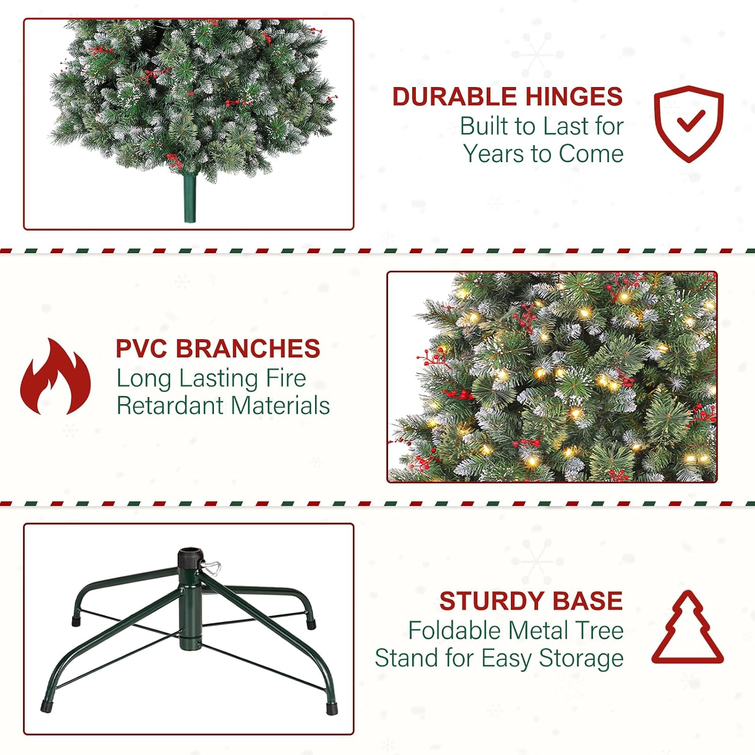 7.5ft Lighted Frosted Christmas Tree, Artificial Christmas Pine Tree with Red Berries, 350 Warm White LED Lights, 1372 Branch Tips, Foldable Metal Stand and Hinged Branches