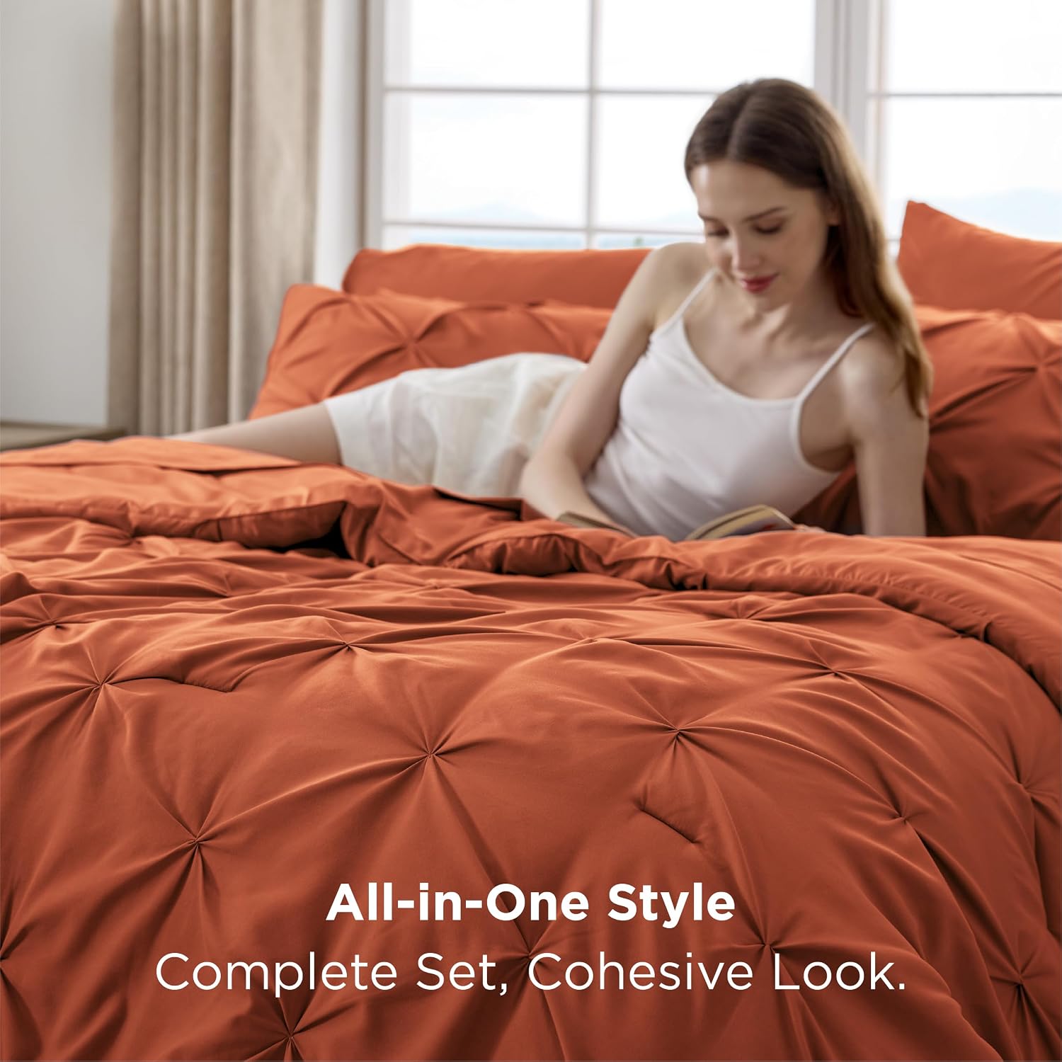 Bedsure King Size Comforter Set Burnt Orange - Bed in a Bag Bedding Set 7 Pieces, GentleSoft™ Pintuck Bed Set Gift for Family, All Season Down Alternative Comforter with Sheets, Pillowcases & Shams