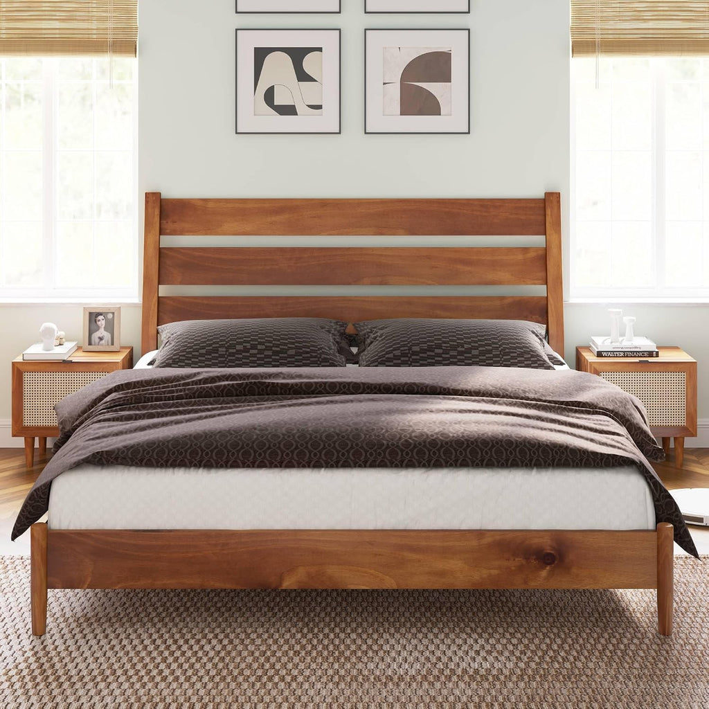 AMERLIFE Solid Wood Queen Size Bed Frame, Mid Century Modern Platform Bed Frame with Reclining Headboard, Sturdy & Noise Free, No Box Spring Needed, Light Brown