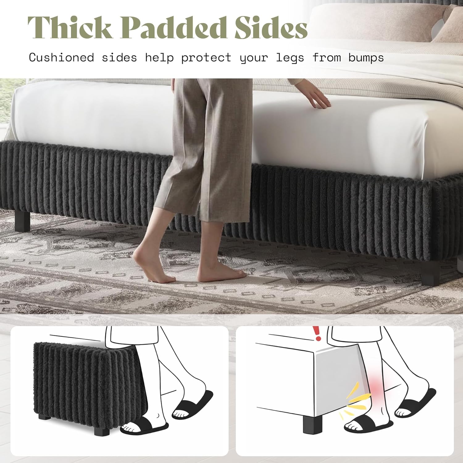 AMERLIFE Full Bed Frame, Upholstered Metal Platform Bed with Vertical Channel Tufted Headboard, Soft Fabric & Strong Metal Slats, Noise-Free/Easy Assembly, Black Full Upholstered Bed and Headboard
