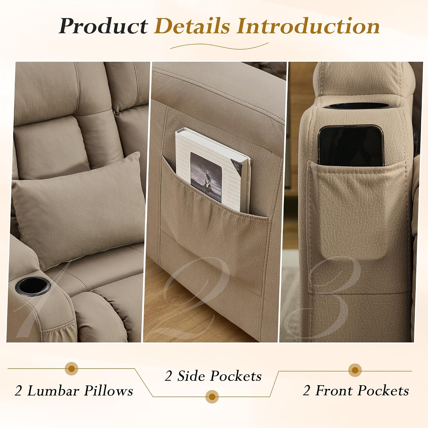 URRED Loveseat Recliner Sofa, Manual Reclining Loveseat Sofa with Flip-Down Console, Home Theater RV Recliner Couch with Cup Holders and Storage for Living Room (Khaki)