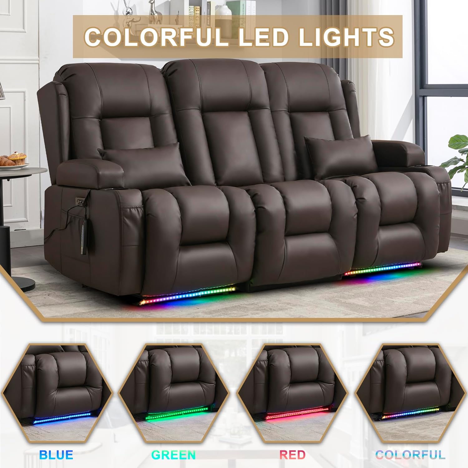 URRED Power Loveseat Recliner Sofa with Massage and Heat, Wall Hugger Reclining Loveseat with Console, RV Couch Home Theater Seating with LED Lights for Living Room (Dark Brown, 76.8" - 3 Seats)