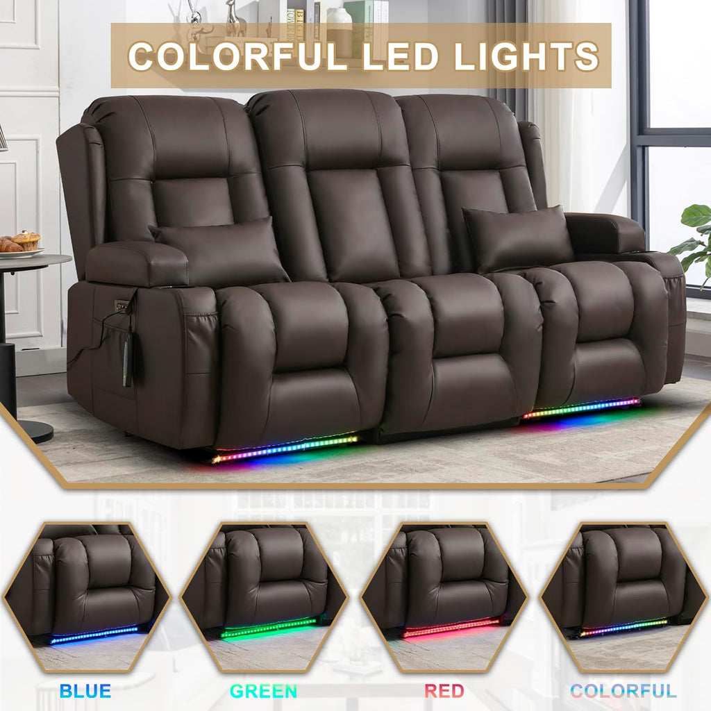 URRED Power Loveseat Recliner Sofa with Massage and Heat, Wall Hugger Reclining Loveseat with Console, RV Couch Home Theater Seating with LED Lights for Living Room (Dark Brown, 76.8" - 3 Seats)