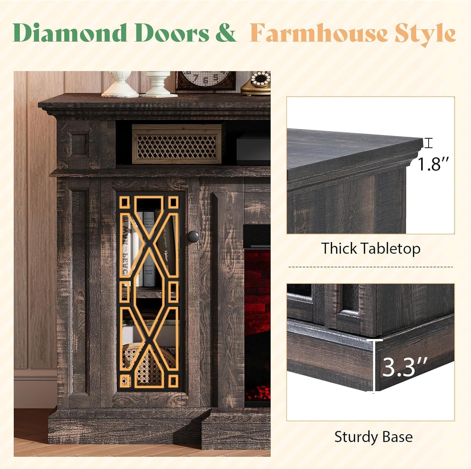 AMERLIFE 4 Pieces Living Room Table Sets, 70" Farmhouse TV Stand with 33" Electric Fireplace, Coffee Table & 2 End Tables with Charging Station and USB Ports, Living Room, Dark Oak