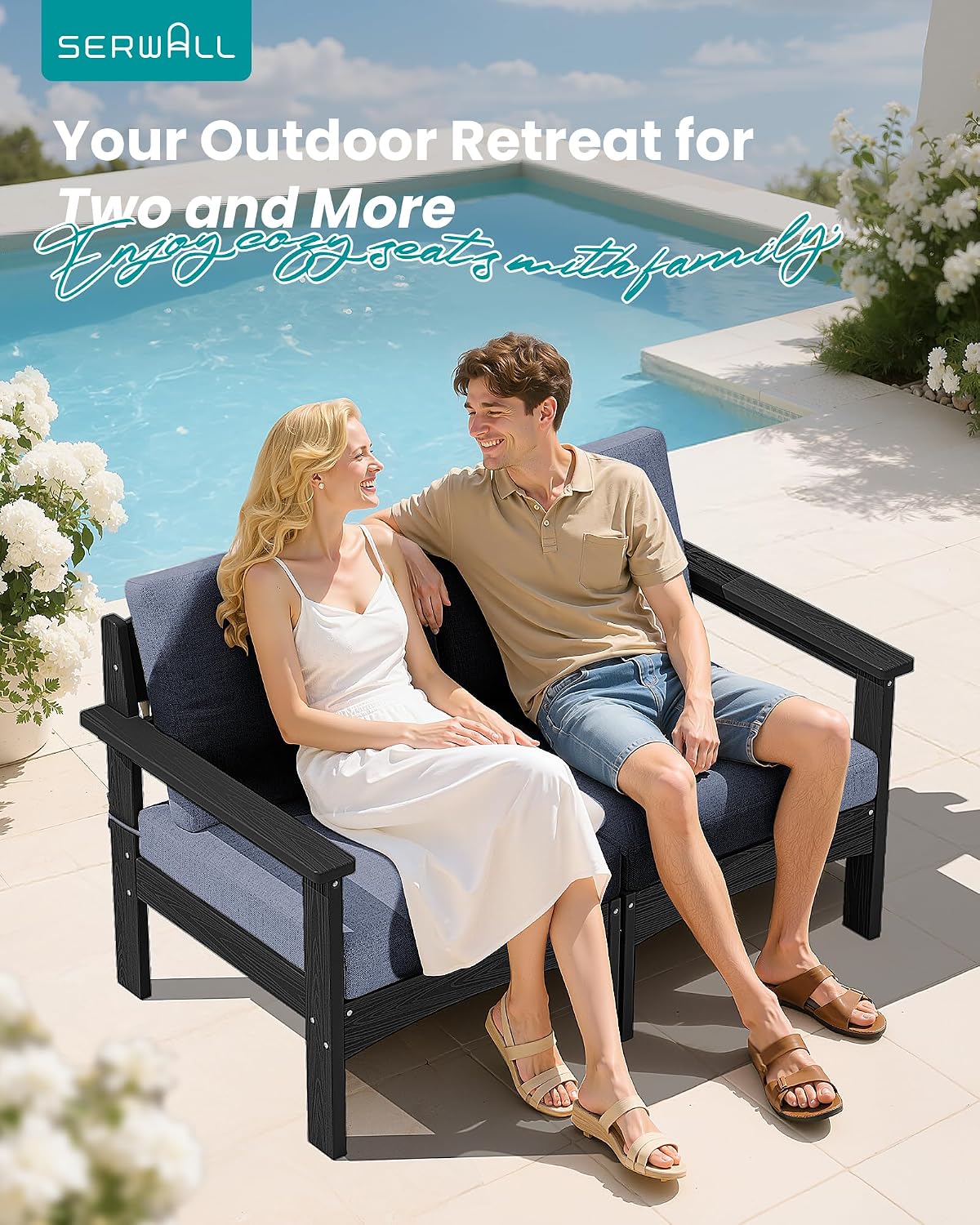 SERWALL HDPE Patio Loveseat Sofa, 2 Pieces Single Sofa, Weather-Resistant Outdoor Furniture Chair with Thick Removable Cushion, Balcony, Garden, Backyard, Poolside, Black Frame with Grey Cushion