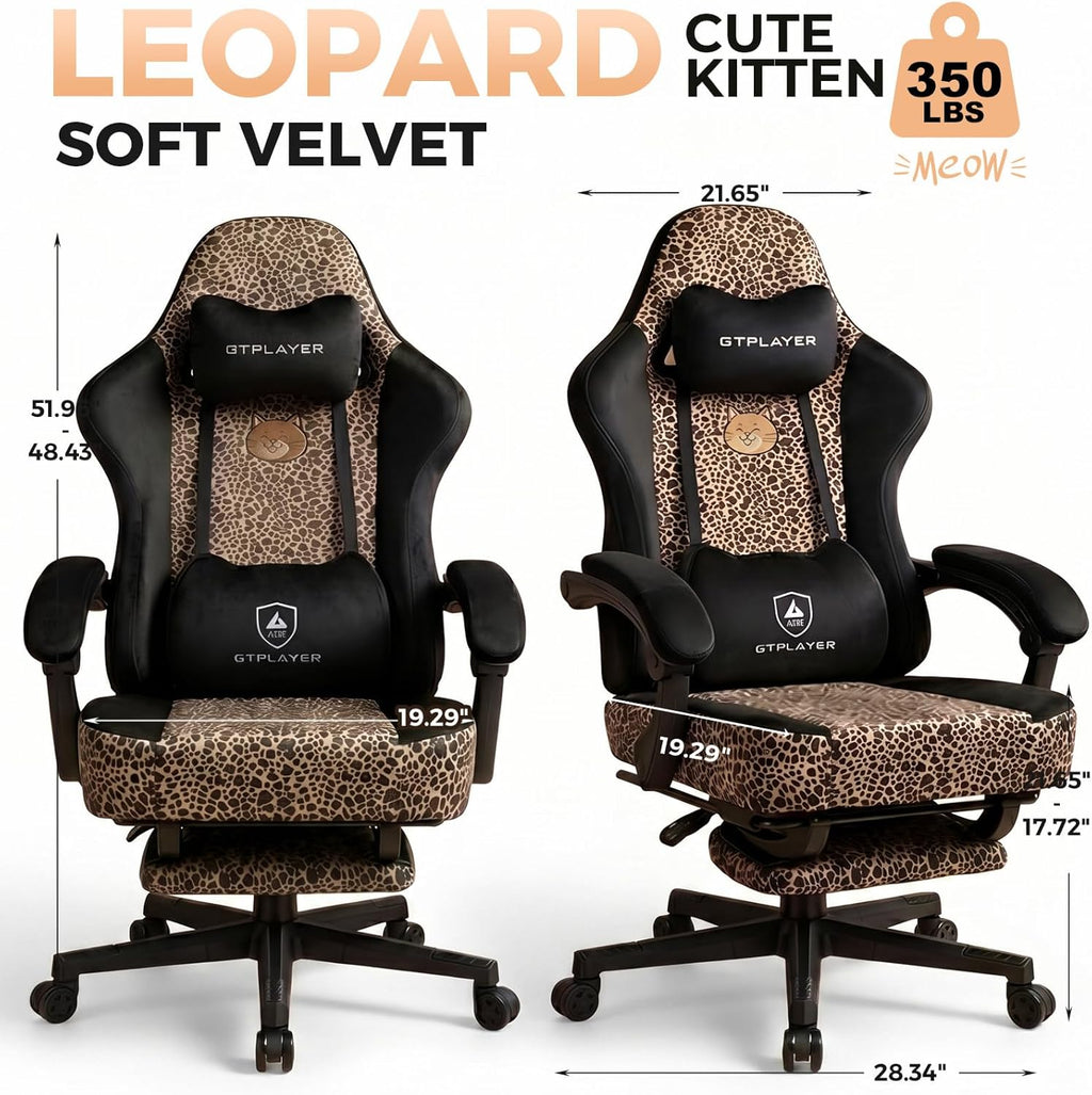 GTPLAYER Gaming Chair with Leopard Print Cat, Cute Velvet Fabric Ergonomic Office Chair with Footrest Headrest and Lumbar Support, Big and Tall Comfortable Video Gamer Chair for Women Gift