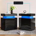 AMERLIFE High Gloss LED Nightstand Set of 2 with Charging Station, Modern Bedside Table Night Stand with LED Lights, Sofa End Side Tables with Drawers for Bedroom Living Room, Black