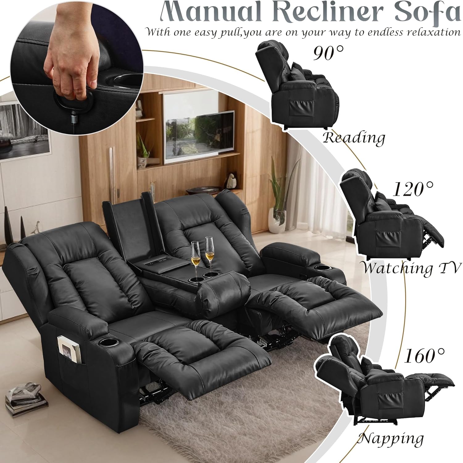 URRED Loveseat Recliner Sofa, Manual Reclining Loveseat Sofa with Flip-Down Console, Home Theater RV Recliner Couch with Cup Holders and Storage for Living Room (Black)