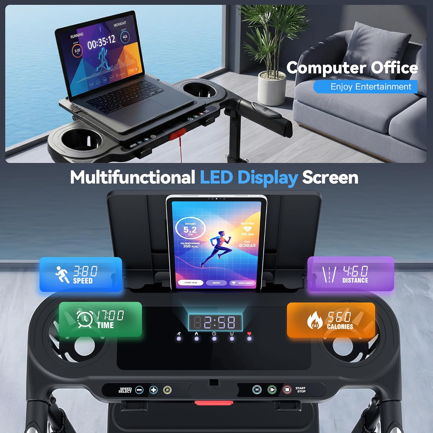 Treadmill with Desk Workstation & Adjustable Height, 450 lbs Weight Capacity, Folding Incline Treadmill with Handle Bar, Portable Ultra-Quiet 3.5HP Walking Pad Treadmill with Desktop for Home Office