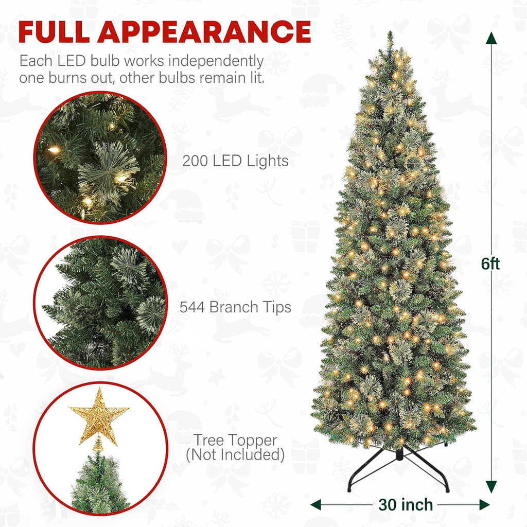6 ft Lighted Pencil Slim Christmas Tree, Artificial Christmas Tree with 200 Warm White LED Lights, 544 PVC Tips, Foldable Metal Stand and Hinged Branches for Decor, Party