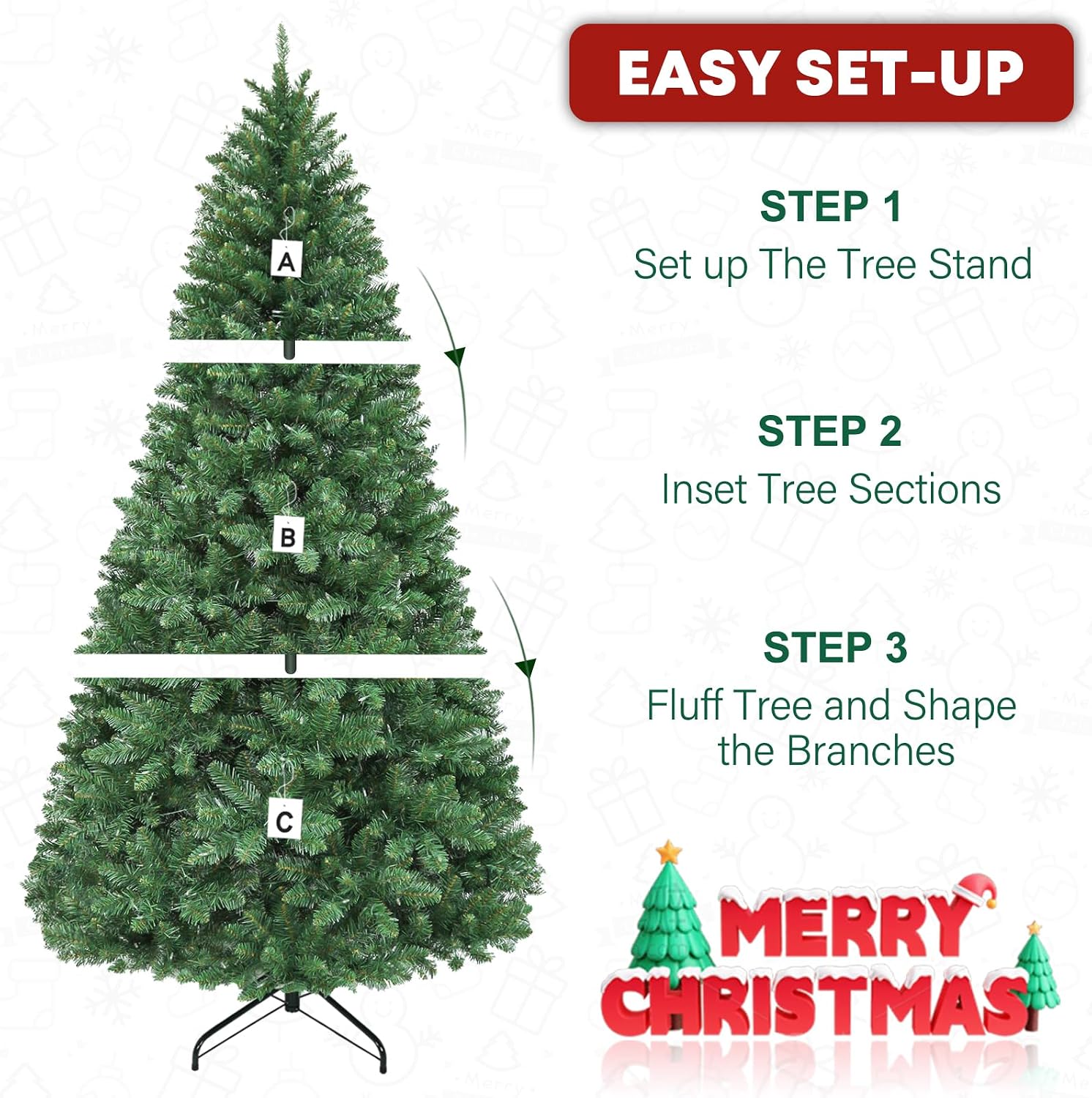 7.5 ft Lighted Artificial Christmas Tree, 450 Warm White LED Lights, 1450 PVC Branch Tips, Metal Stand and Hinged Branches for Home, Decorating
