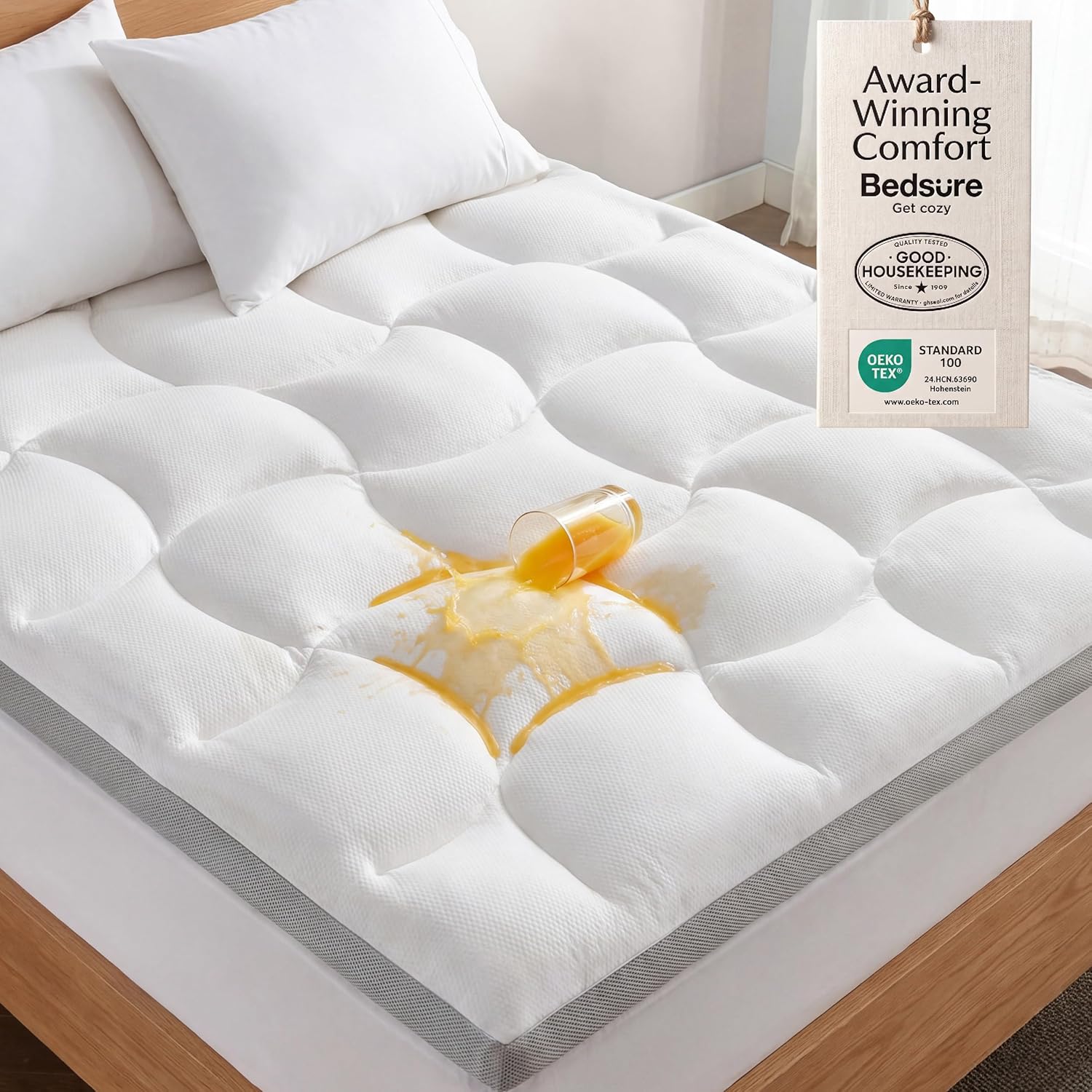 Bedsure Pillow Top Mattress Topper Queen-Waterproof Mattress Protector with 8-21 Inches Deep Pocket, 800 GSM Extra Thick Mattress Topper Queen Size Bed, Soft Cover Bed Topper for Home, Hotel - White