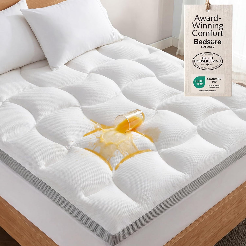 Bedsure Pillow Top Mattress Topper Queen-Waterproof Mattress Protector with 8-21 Inches Deep Pocket, 800 GSM Extra Thick Mattress Topper Queen Size Bed, Soft Cover Bed Topper for Home, Hotel - White