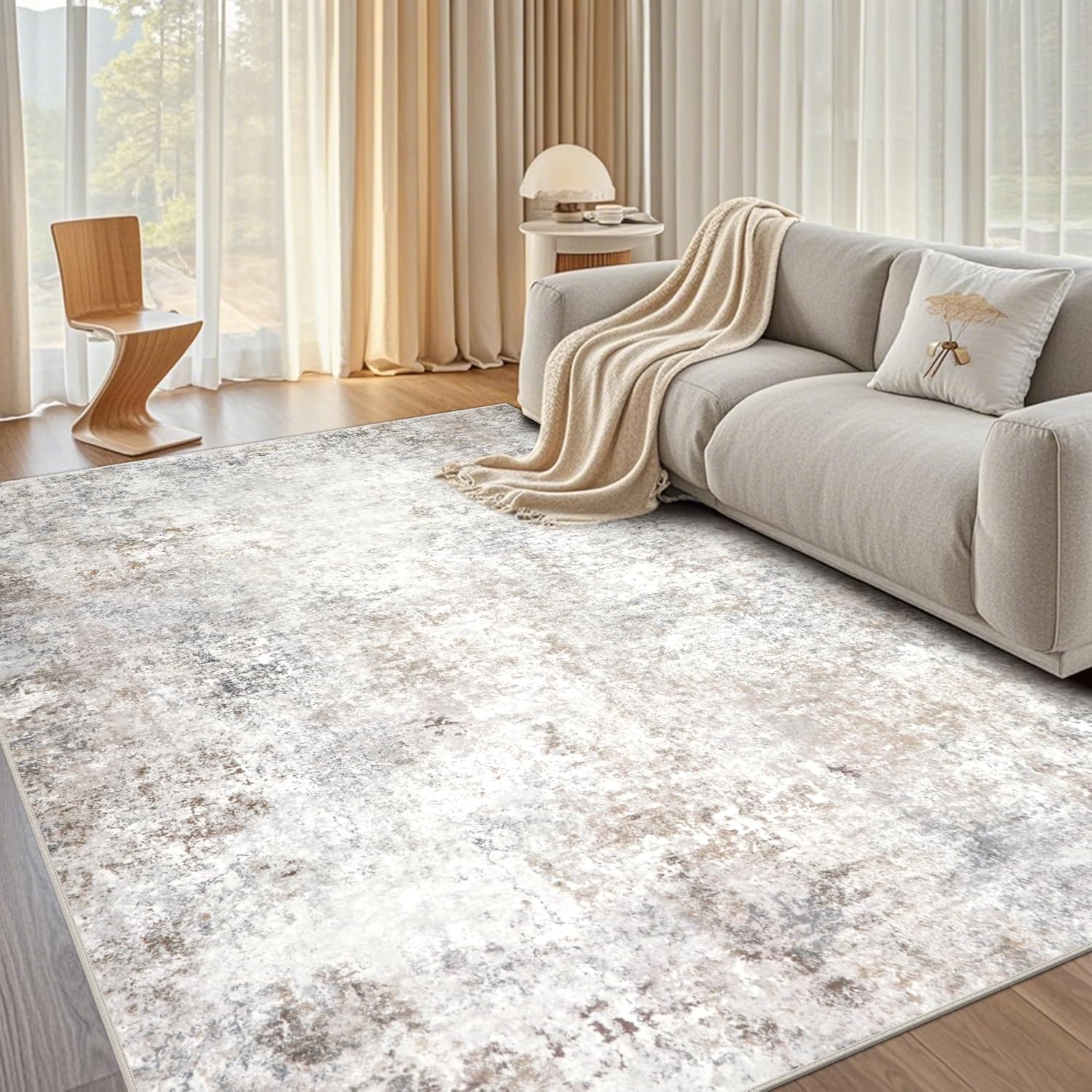 Srugn Washable Area Rug for Living, Bedroom & Dining Room, Ultra Soft Faux Wool Retro Large Carpet, Non-Slip/Shedding Low Pile Vintage Print for Home Office Decor, Beige Ivory Cream Brown Camel, 5x7