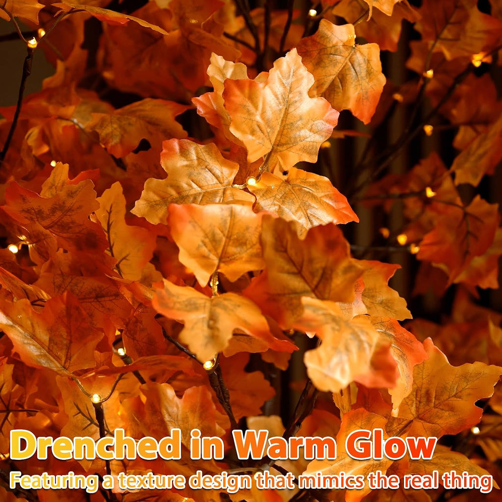 VIVATREES 6FT Artificial Lighted Maple Tree, 120LED Fall Tree with Warm White Lights and Maple Leaves for Halloween, Thanksgiving, Autumn Harvest Outdoor Indoor Home Decor, Orange