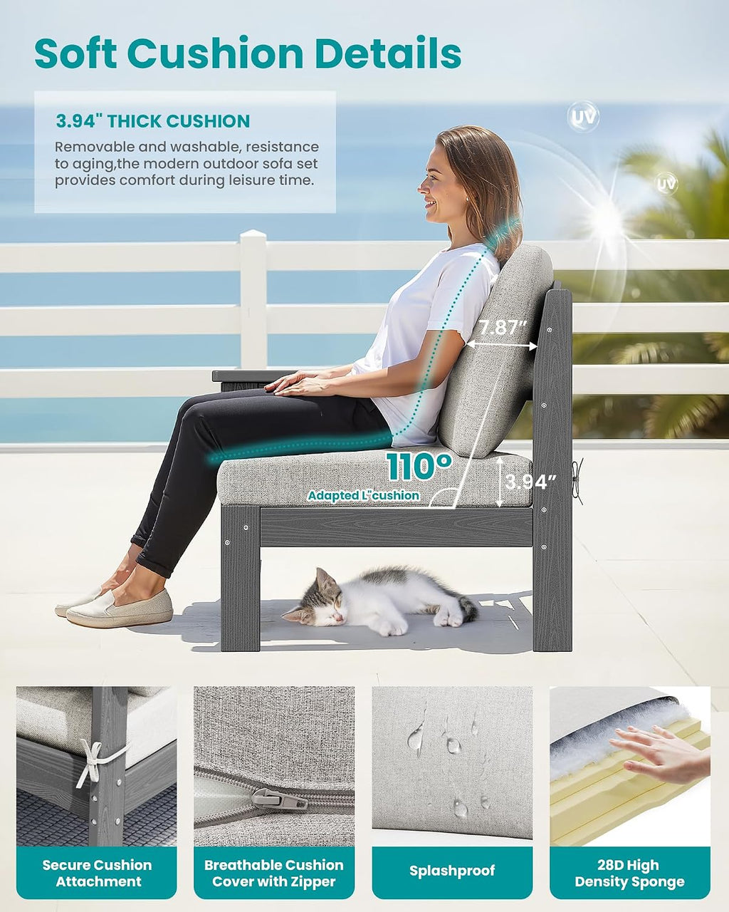 SERWALL HDPE Patio Loveseat Sofa, 2 Pieces Single Sofa, Weather-Resistant Outdoor Furniture Chair with Thick Removable Cushion, Balcony, Garden, Backyard, Poolside, Grey Frame with Khaki Cushion
