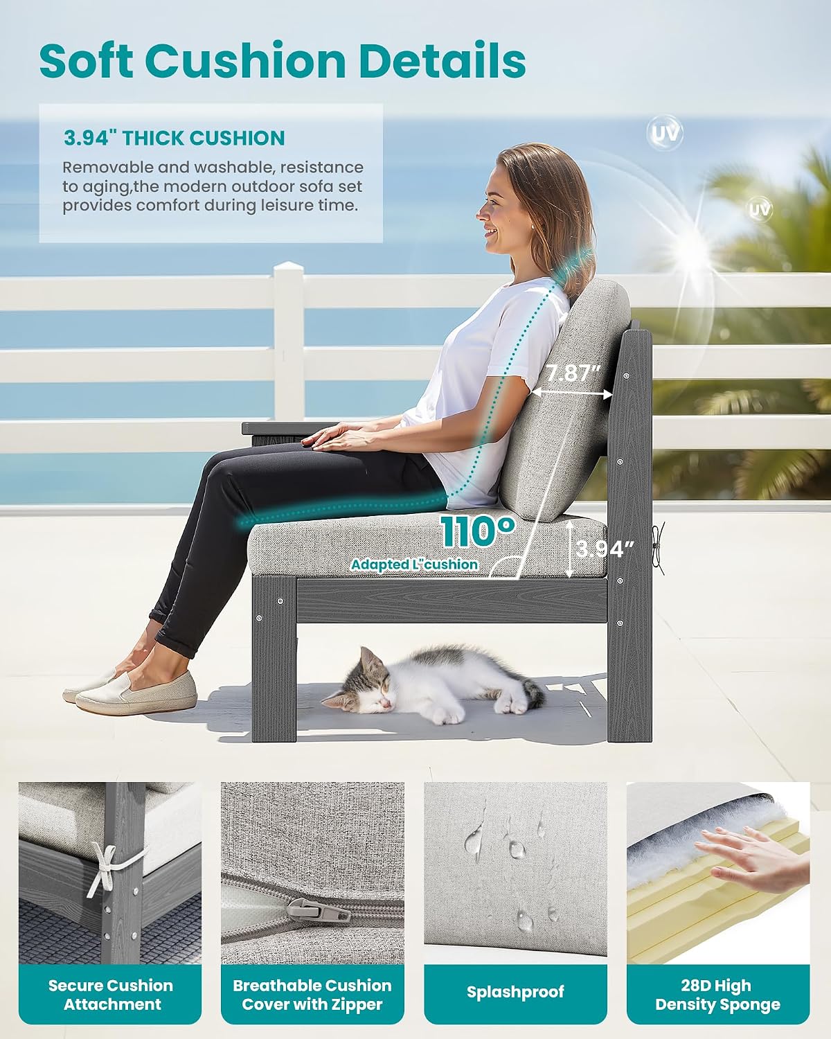 SERWALL HDPE Patio Loveseat Sofa, 2 Pieces Single Sofa, Weather-Resistant Outdoor Furniture Chair with Thick Removable Cushion, Balcony, Garden, Backyard, Poolside, Grey Frame with Khaki Cushion
