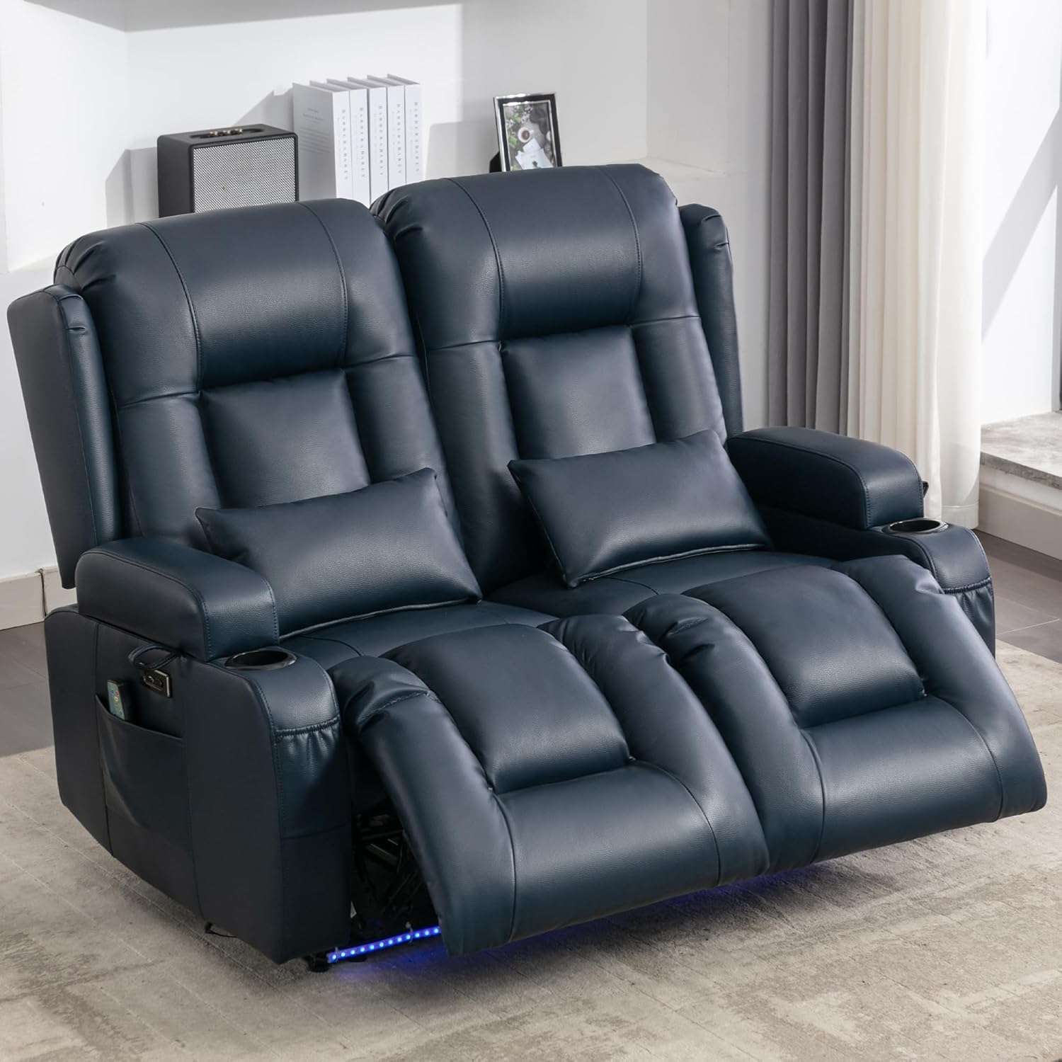 URRED Power Loveseat Recliner Sofa with Massage and Heat, Wall Hugger Reclining Loveseat, RV Couch Home Theater Seating with LED Lights for Living Room (Dark Blue, 54" - 2 Seats)