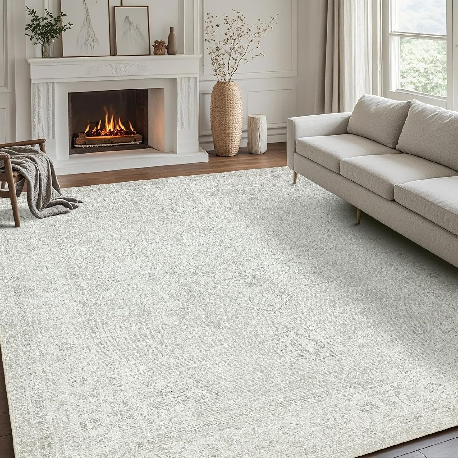 Srugn Washable Area Rug for Living, Bedroom & Dining Room, Ultra Soft Faux Wool Retro Large Carpet, Non-Slip/Shedding Low Pile Vintage Print for Home Office Decor, Beige Ivory Cream Brown Camel, 5x7