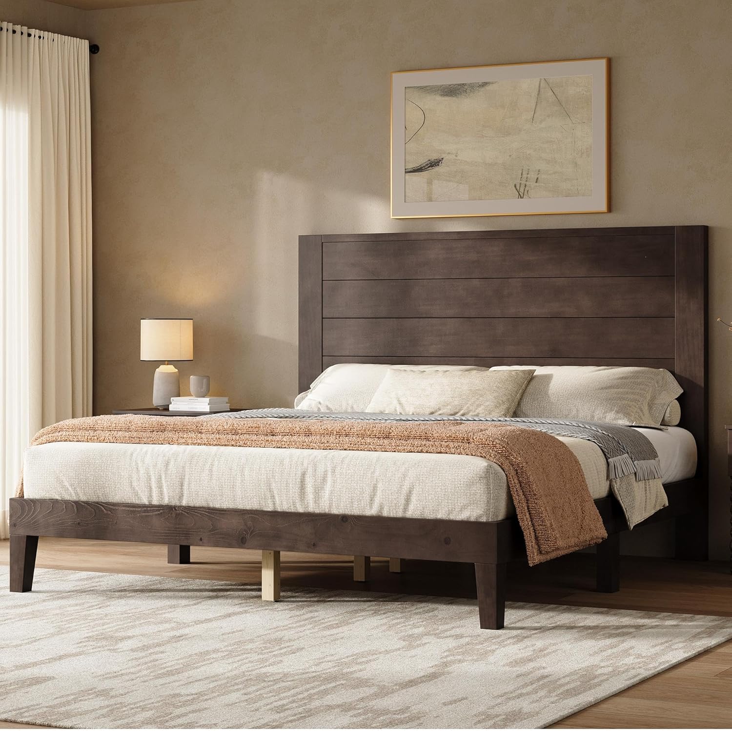 AMERLIFE Queen Size Bed Frame with 48" Tall Headboard, Mid Century Modern Solid Wood Platform Bed with Silent Wood Slat System, No Box Spring Needed, Under-Bed Storage, Dark Walnut